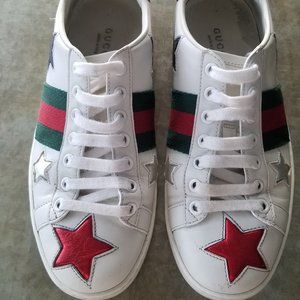 GUCCI Ace Metallic Star White Leather Low Top Sneakers